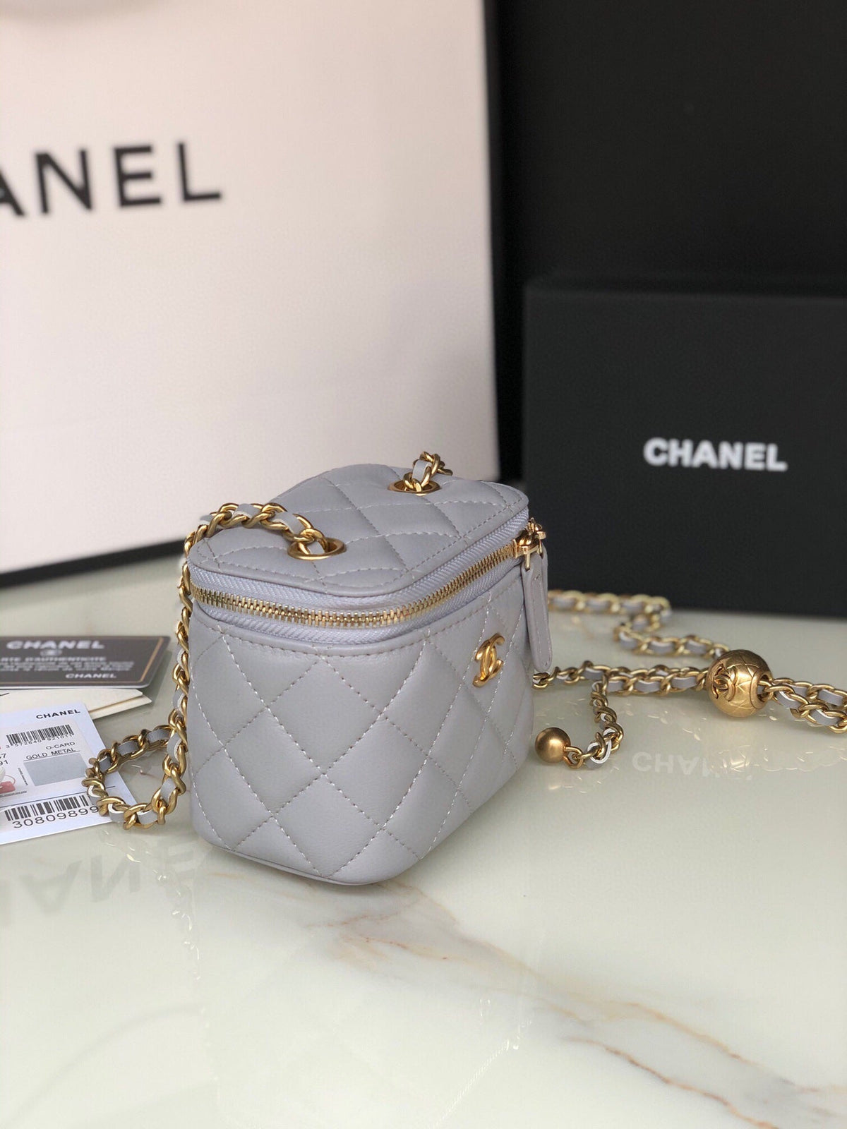 CHANEL MINI 11 VANITY CHAIN IN LIGHT GREY CALFSKIN GOLD HARDWARE