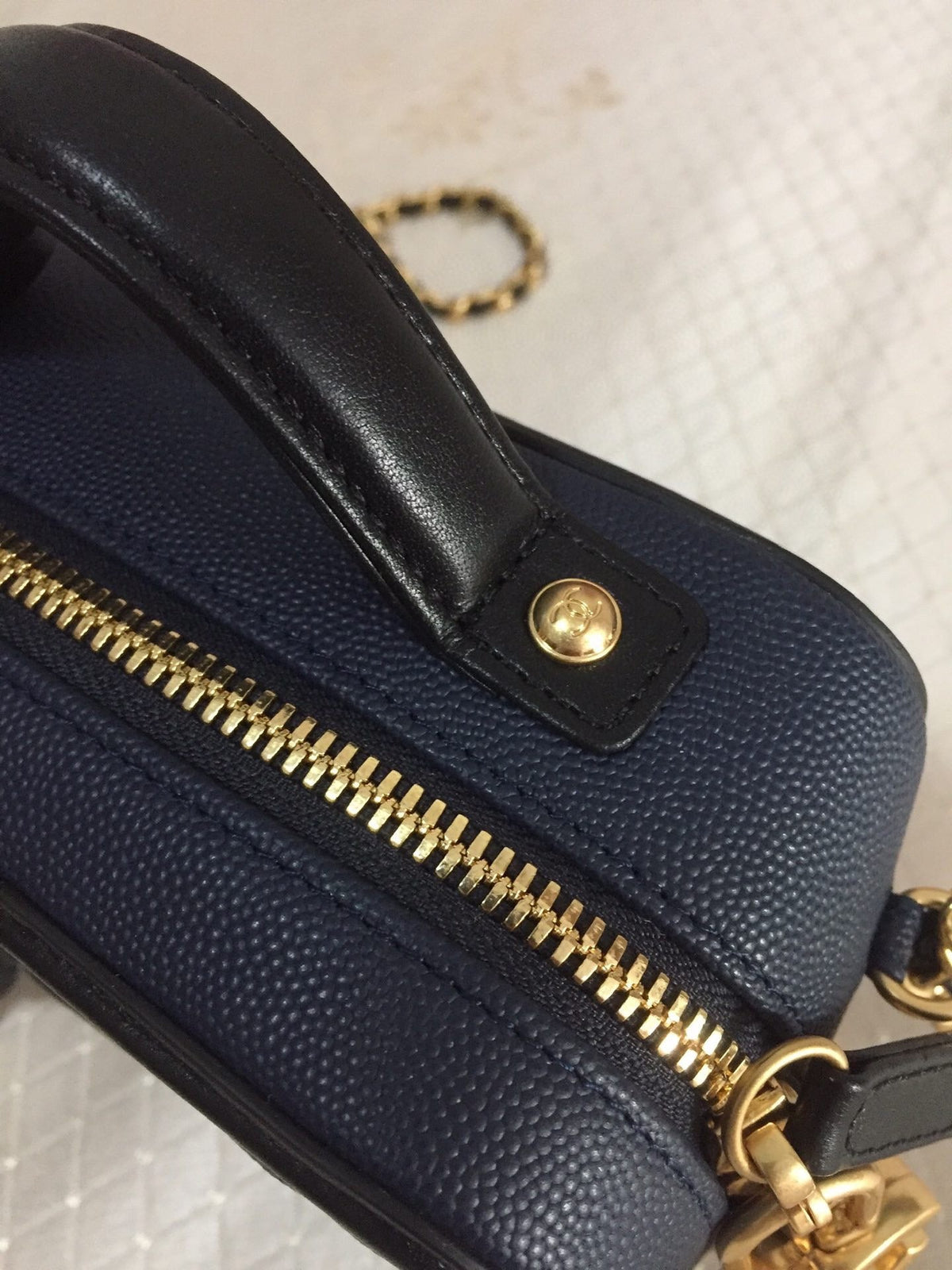 CHANEL MINI 17 VANITY CASE IN AEGEAN BLUE MIX BLACK CALFSKIN GOLD HARDWARE