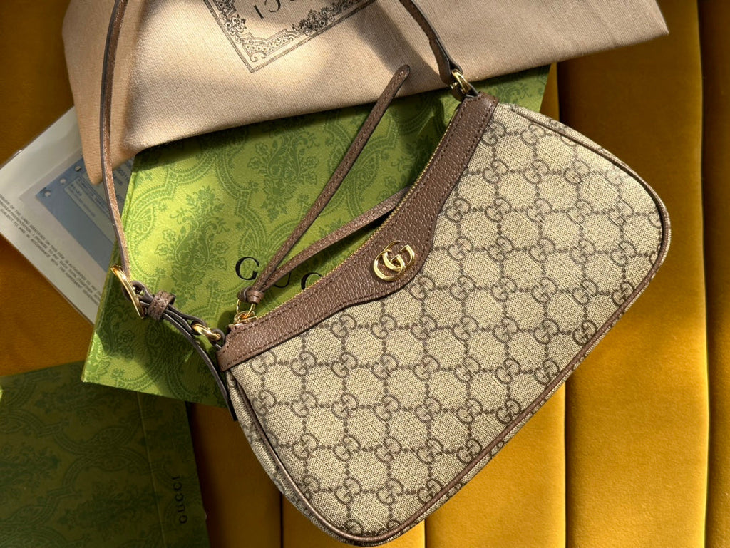 GUCCI OPHIDIA  SMALL 25 HANDBAG BEIGE AND EBONY SUPREME CANVAS