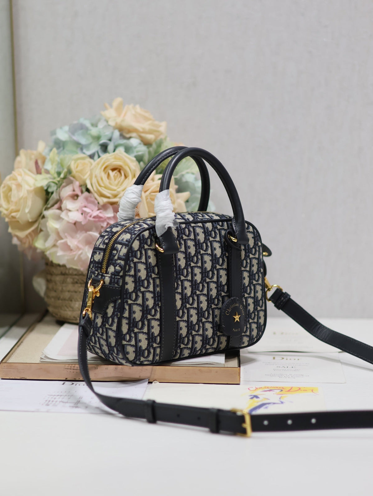DIOR SMALL 25 D-VIBE BOWLING BAG IN BLUE MONOGRAM OBLIQUE JACQUARD