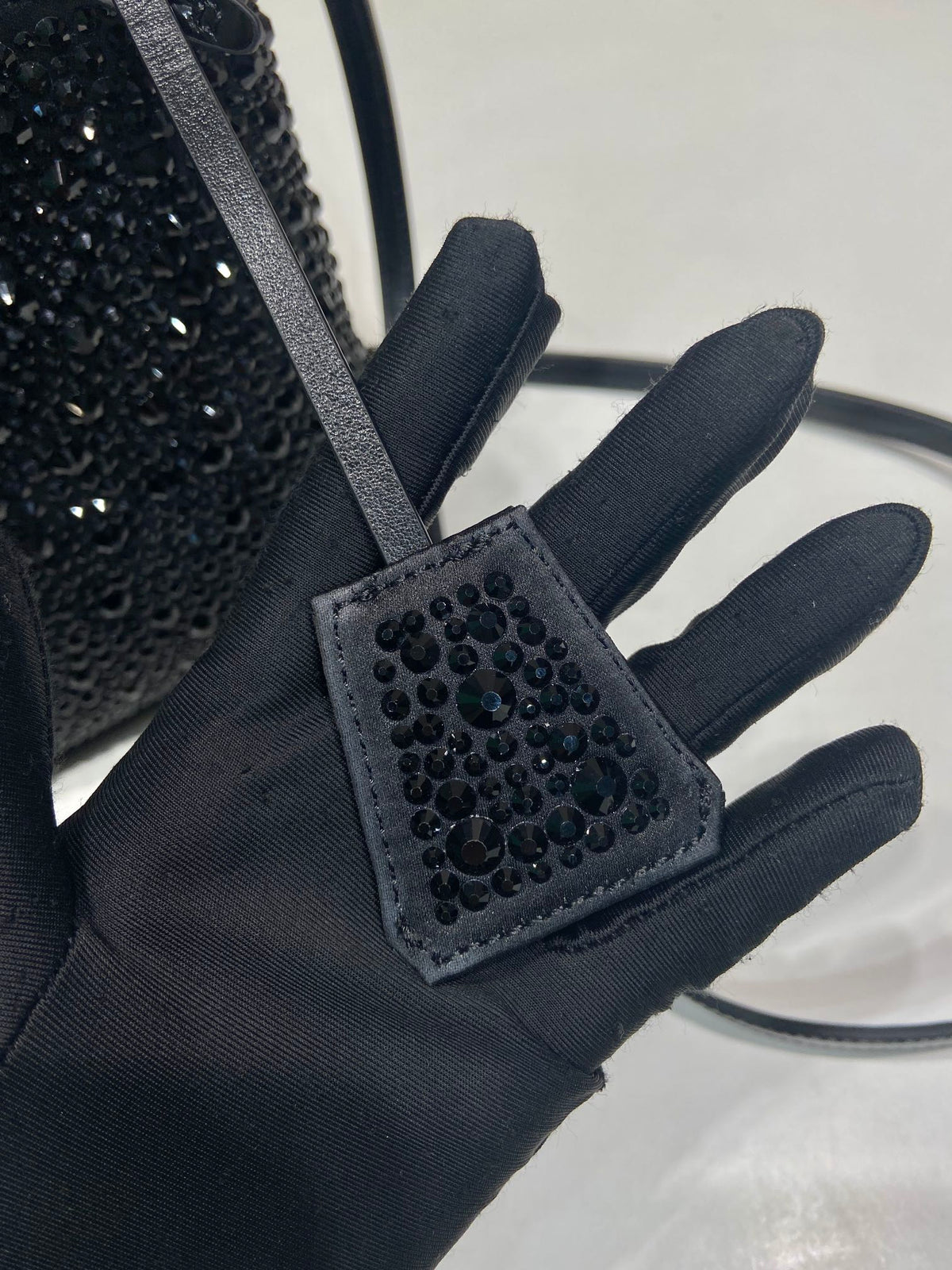 PRADA PANIER BUCKET BAG 16 IN BLACK CALFSKIN ATTACHED FULL CRYSTALS