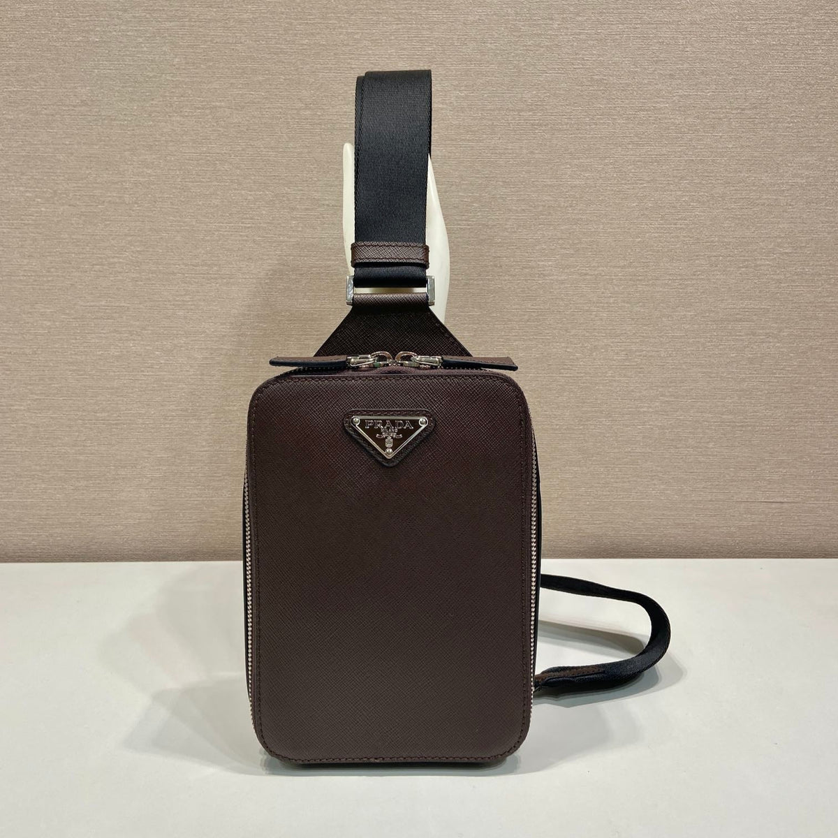 PRADA CHEST BAG 20 IN CHOCOLATE SAFFIANO LEATHER
