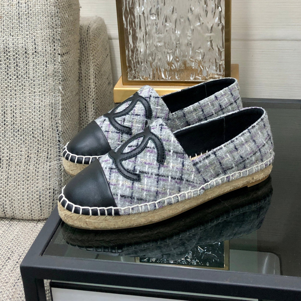 CHANEL ESPADRILLE COLORFUL TWEED FABRIC AND BLACK CALFSKIN FLATS