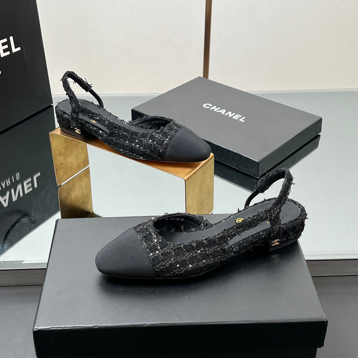 CHANEL SLINGBACK 25S IN BLACK FABRIC AND TWEED SEQUINED