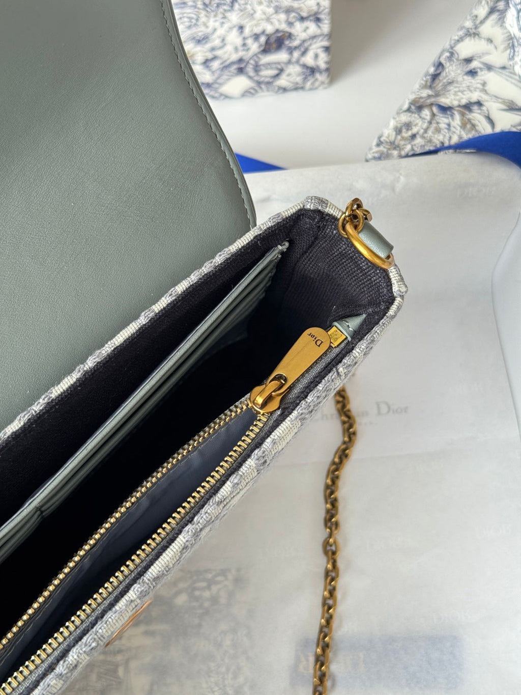 DIOR 25S MEDIUM SADDLE POUCH WITH CHAIN 21 IN GRAY DIOR OBLIQUE JACQUARD CANVAS