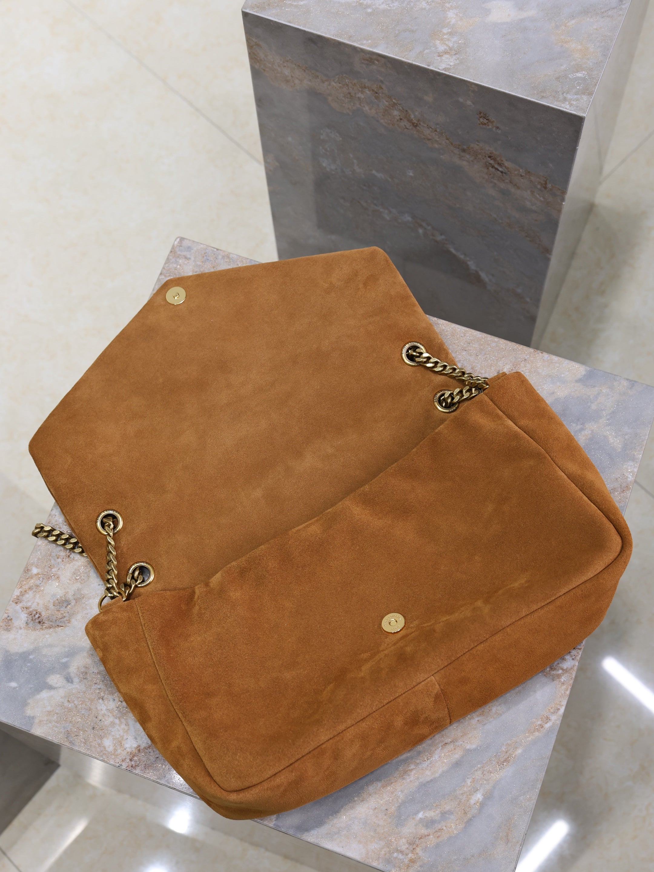 YSL 25S CALYPSO GM 38 IN DARK CARAMEL SUEDE GOLD HARDWRE
