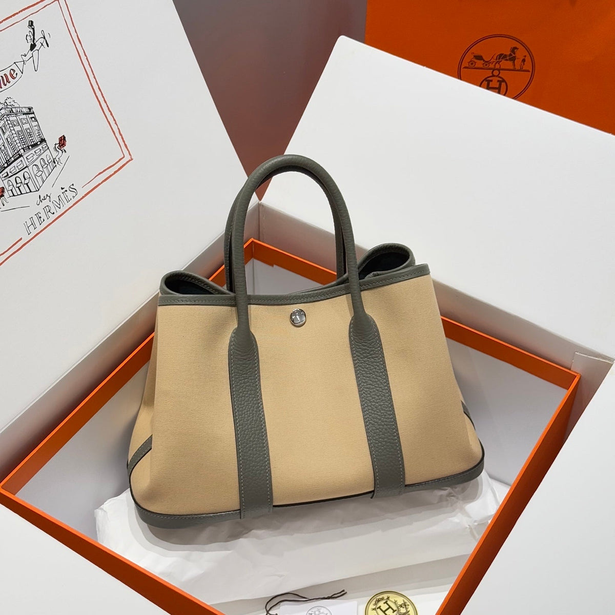HERMES GARDEN PARTY 30CM IN DARK BEIGE TOILETS COTTON CANVAS AND GREY CALFSKIN
