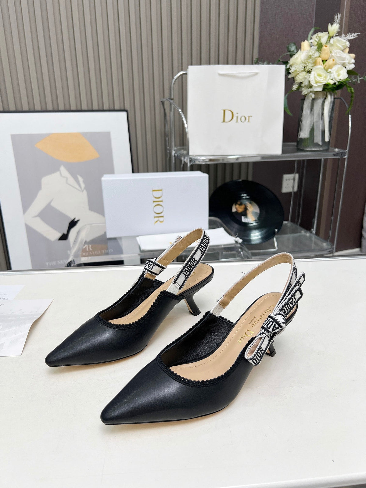 DIOR J'A SLINGBACK PUMP BLACK CALFSKIN AND EMBROIDERED FABRIC 65 MM