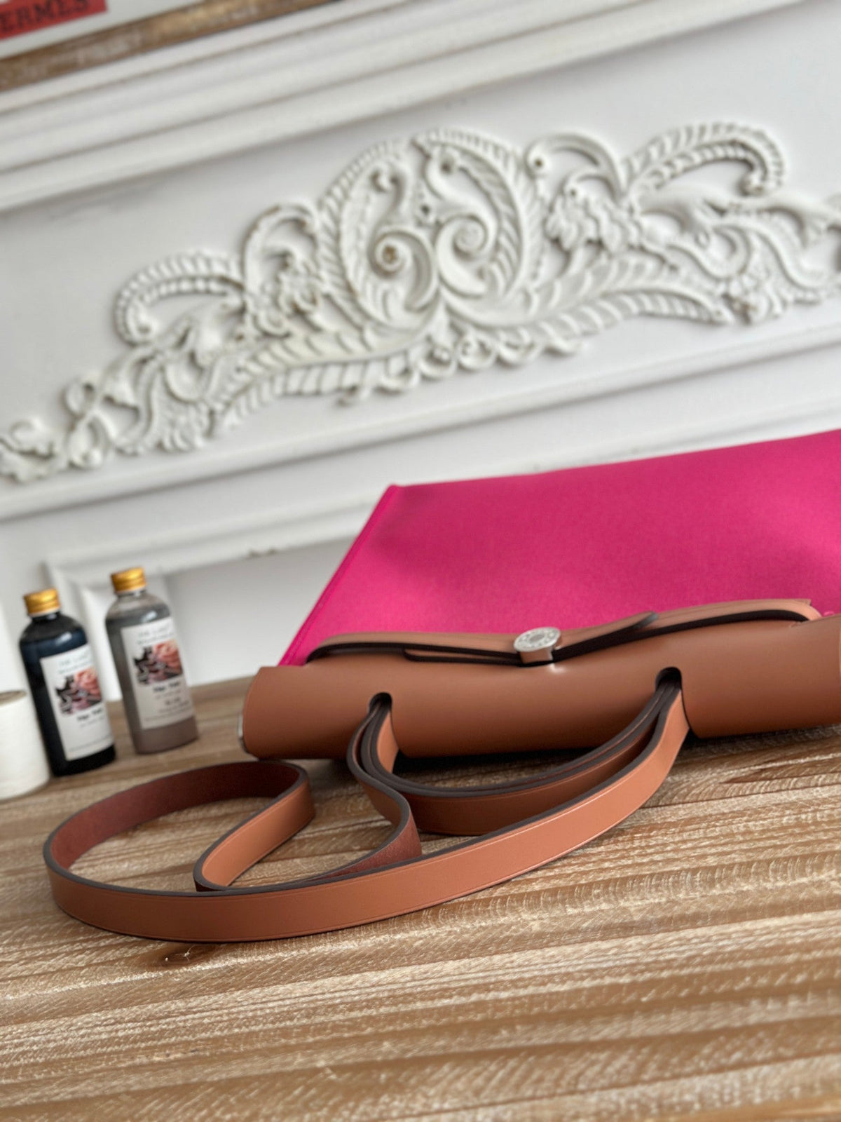 HERMES ZIP CABINE 31 BAG IN FUCHSIA PINK CANVAS AND BRONZE BROWN CALFSKIN