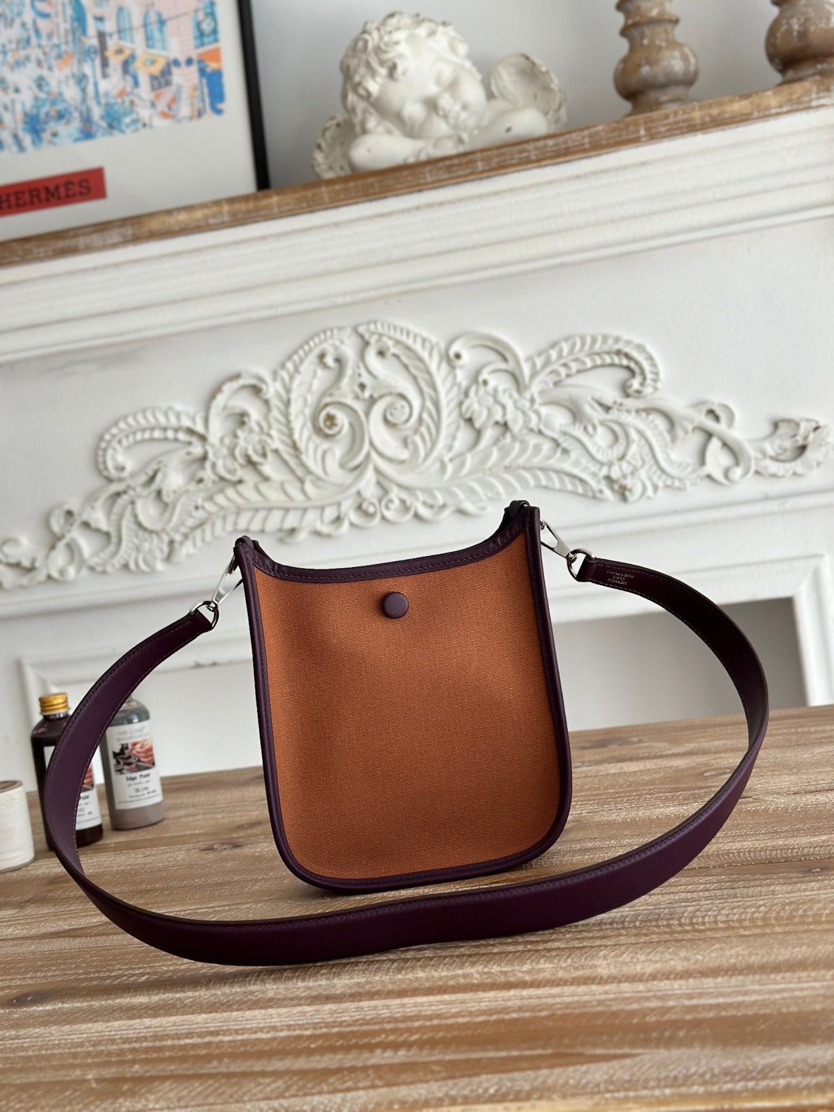 HERMES MINI NEO 17 EVELYNE BAG IN BRONZE BROWN CANVAS AND PLUM PURPLE CALFSKIN