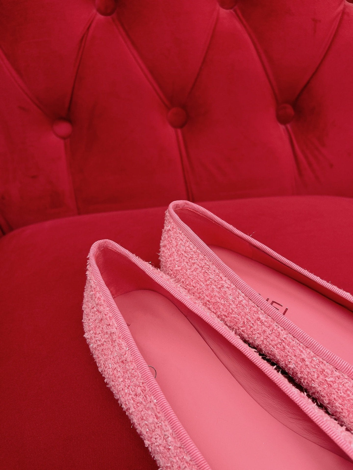 CHANEL ballet flat pink black tweed grosgrain