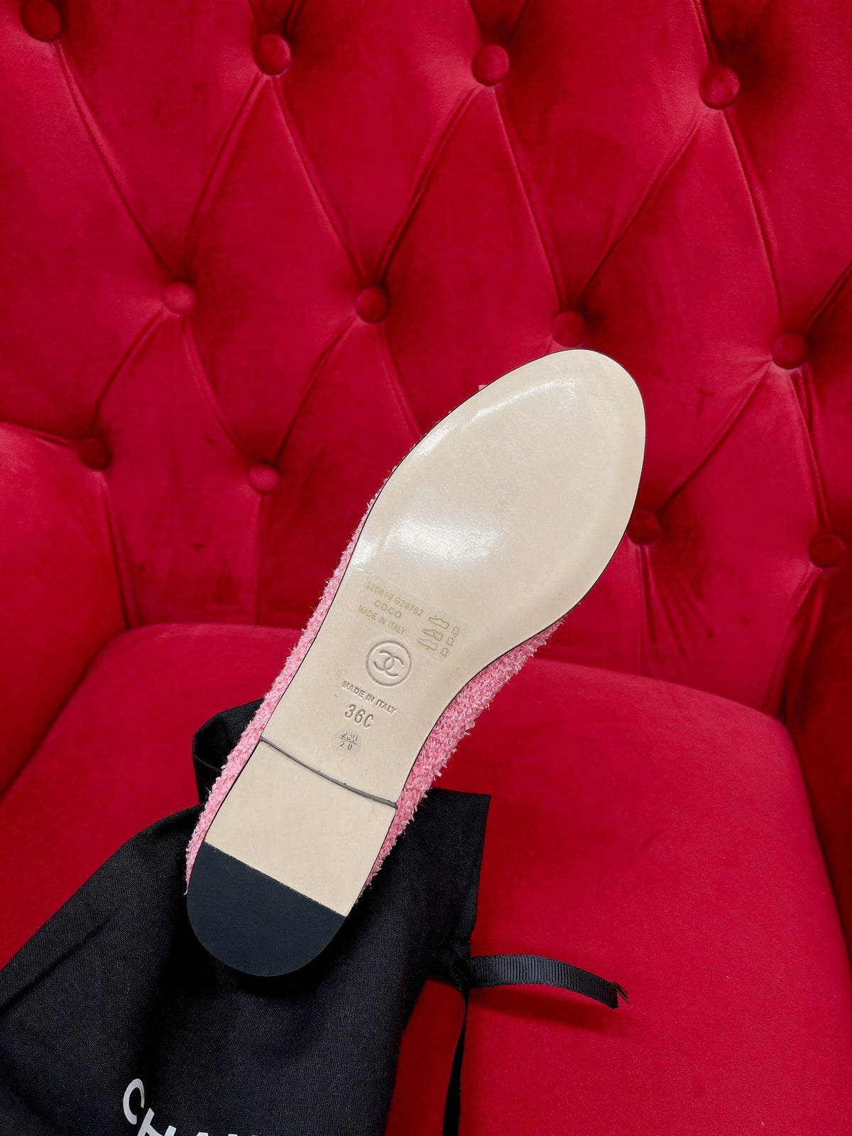 CHANEL ballet flat pink black tweed grosgrain