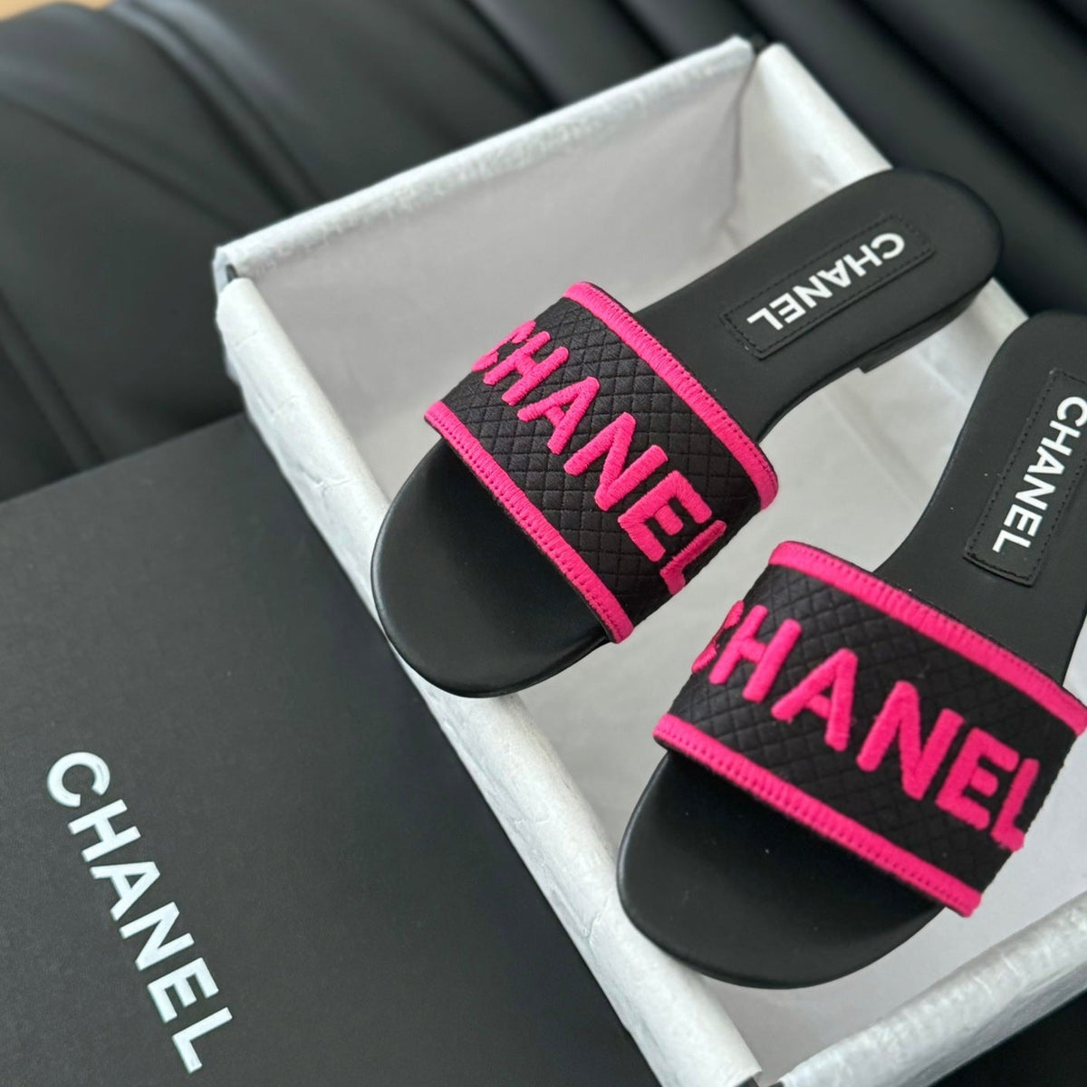 CHANEL Woven Embroidered Letter Slippers Black Pink