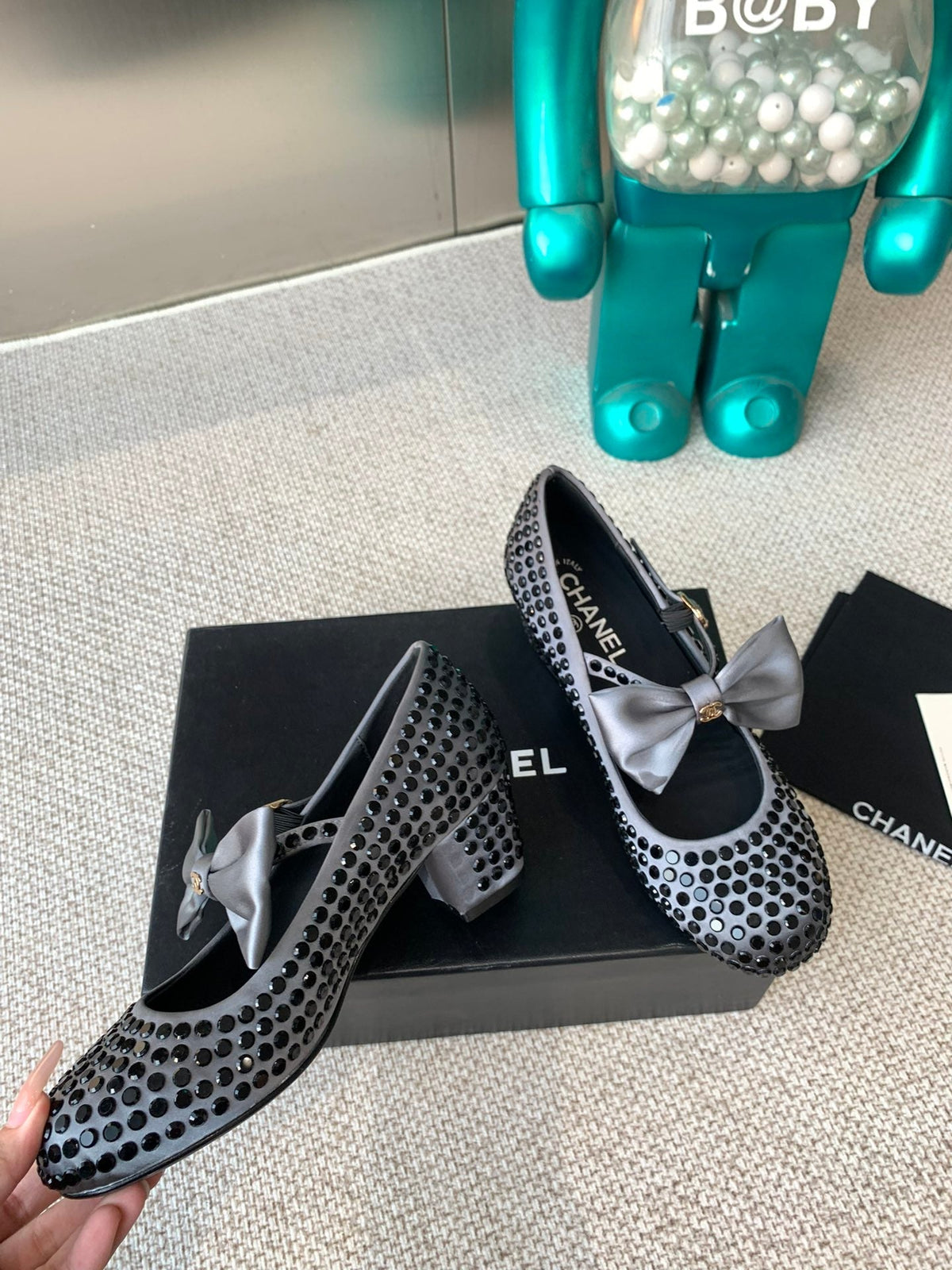 CHANEL MARY JANES SHOES IN STEEL GRAY SATIN WITH BLACK RHINESTONES