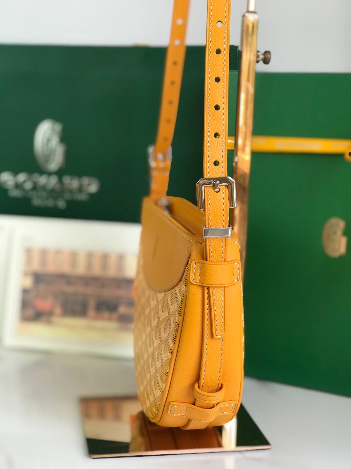 HIRONDELLE BAG 25 IN YELLOW LAMBSKIN AND GOYARDINE CANVAS