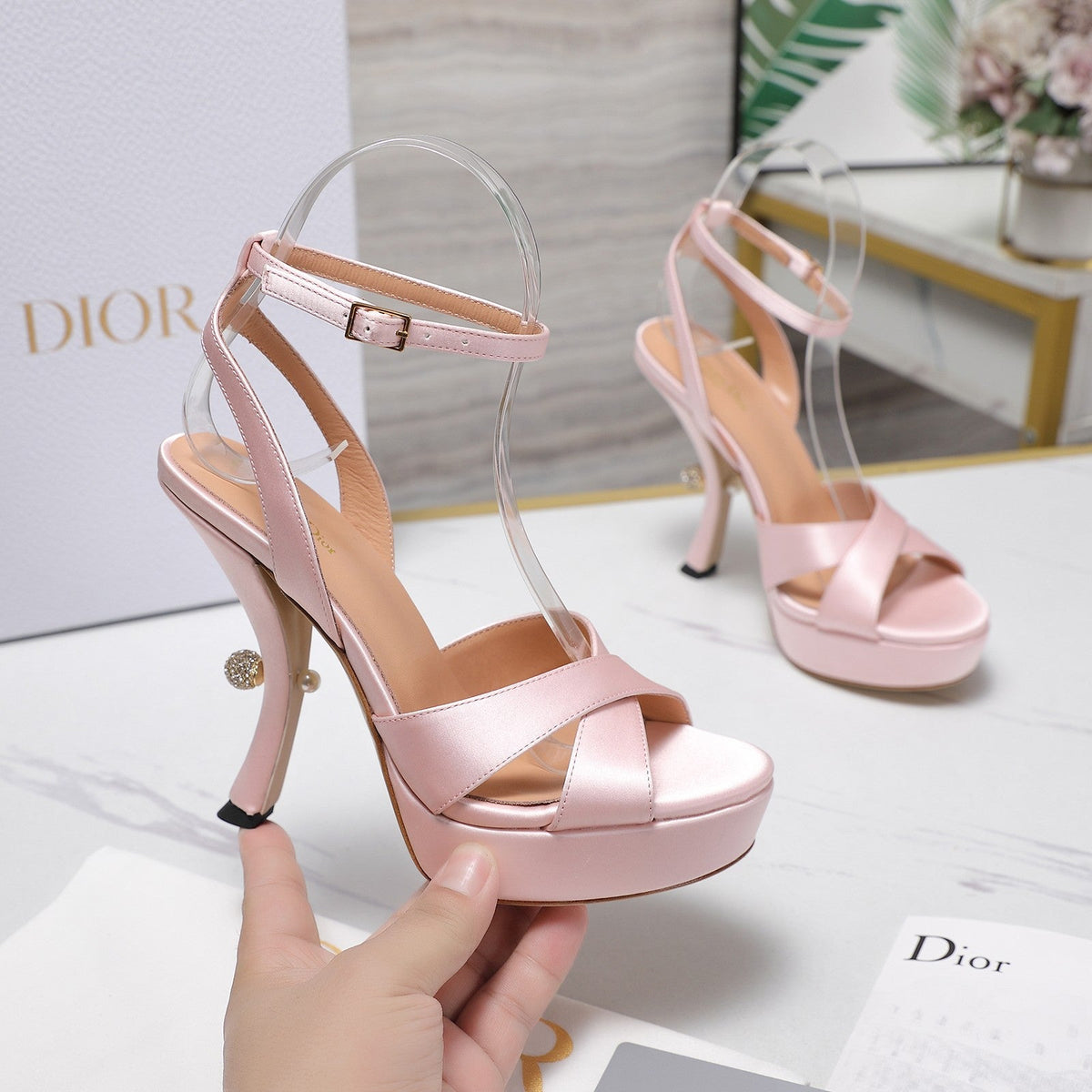 DIOR PEARL-EMBELLISHED HIGH HEEL SANDALS 25S 115 MM IN LIGHT PINK SATIN