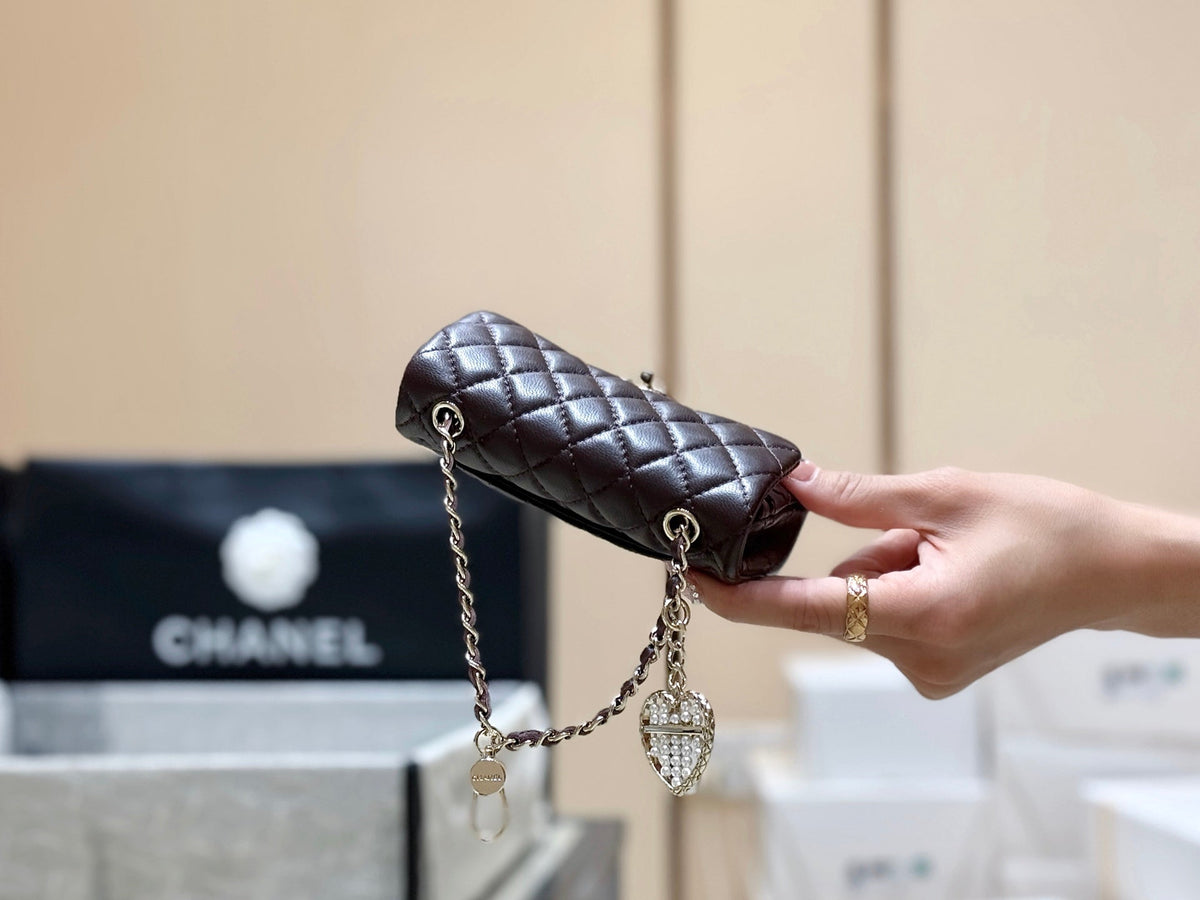 CHANEL 25S  MINI CF BAG 12 IN DARK BROWN LAMBSKIN HEART MODEL