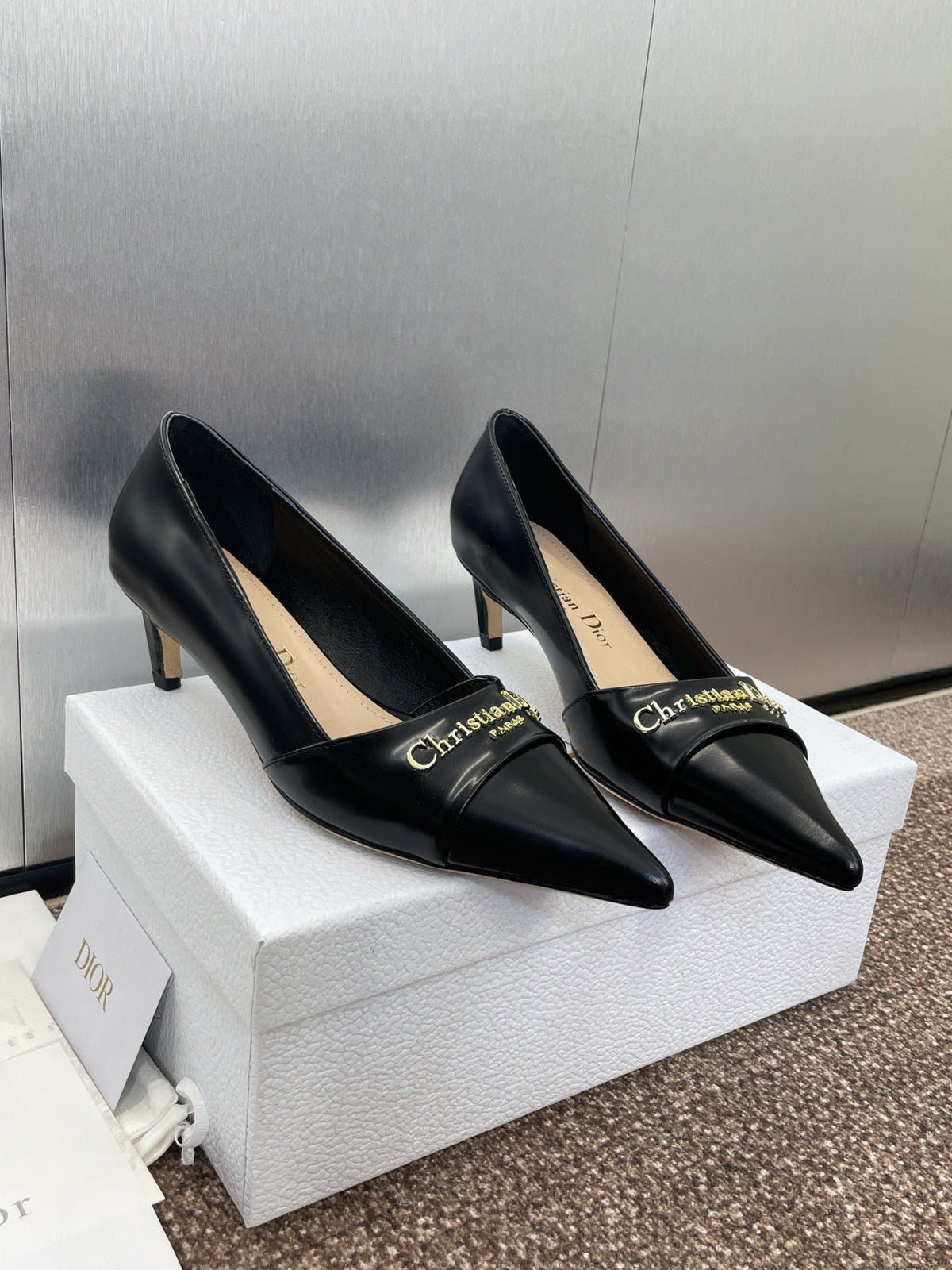 DIOR MY DD 25S HIGH HEEL 55MM IN BLACK LAMBSKIN GOLD LOGO